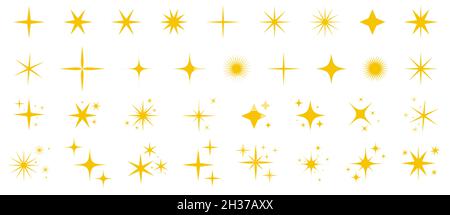 Set di icone gialle e gold star. Fuochi d'artificio luminosi, decorazione scintillante, lampo lucido. Raccolta di stelle e raffiche luminose Illustrazione Vettoriale