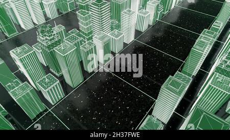 Luminoso bellissimo reticolo neon del centro città digitale astratto con grattacieli su sfondo nero. Animazione. Tecnologia digitale e business Foto Stock