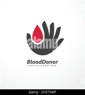 Idea di disegno creativa del logo del donatore di sangue. Simbolo medico unico per le donazioni di sangue. Goccia di sangue e la mano silhouette medicina e l'icona del vettore sanitario. Illustrazione Vettoriale