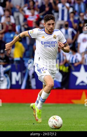 BARCELLONA - 3 ottobre: Fede Valverde in azione durante la partita la Liga tra RCD Espanyol e Real Madrid CF allo stadio RCDE il 3 ottobre 2021 in Foto Stock