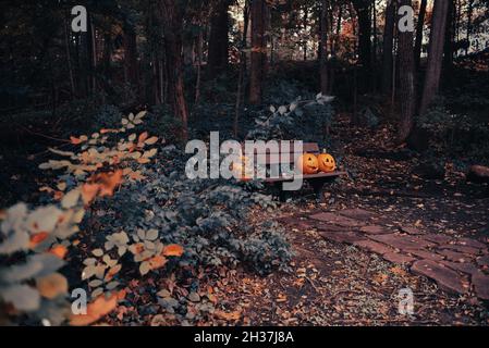 Tre jack-o-lanterne siedono su una panchina in un parco circondato da fogliame nel mese di ottobre vicino Cleveland, Ohio. Foto Stock