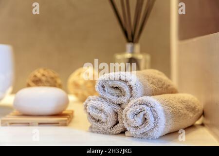 Dettagli interni del bagno. Pulire i rotoli di asciugamani, il dispenser di sapone e il lavandino bianco su un tavolo, striscioni Foto Stock