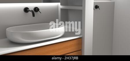 Bagno interno dal design moderno e minimalista. Lavabo rotondo e rubinetti neri, rubinetti doccia su sfondo grigio parete. Luce lineare a specchio e LED. 3d illu Foto Stock