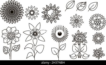 Set di girasoli in stile doodle. Illustrazione Vettoriale