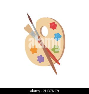 Tavolozza di legno con vernici e pennelli. Illustrazione vettoriale. Illustrazione Vettoriale