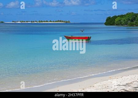 Barca a remi rossa / barca a remi e vista su Sandy Island da Paradise Beach a Carriacou, isola delle Isole Grenadine, Grenada nel Mar dei Caraibi Foto Stock