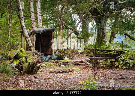 Un'immagine HDR autunnale a 3 scatti di una capanna di pescatori abbandonata e tavolo da picnic sulle rive di Lock Arkaig, Lochaber, Scozia. 12 ottobre 2021 Foto Stock