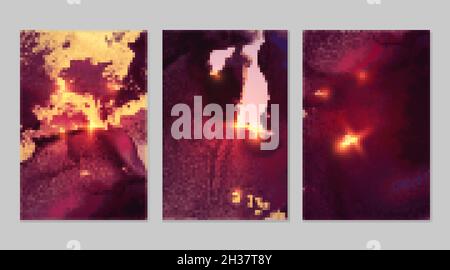 Set di motivi in marmo. Rosso scuro, viola e oro geode texture con glitter. Sfondo vettoriale astratto nella tecnica dell'inchiostro alcolico. Pittura moderna con Illustrazione Vettoriale