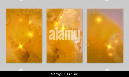 Set di motivi in marmo. Giallo ambra e oro geode texture con glitter. Sfondo vettoriale astratto nella tecnica dell'inchiostro alcolico. Pittura moderna con spar Illustrazione Vettoriale