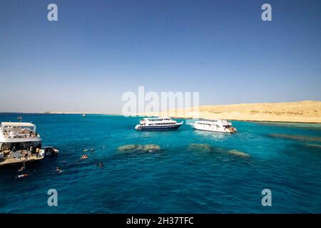 I turisti si godono il mare e il sole nella piccola isola di Giftun vicino Hurghada, Egitto Foto Stock