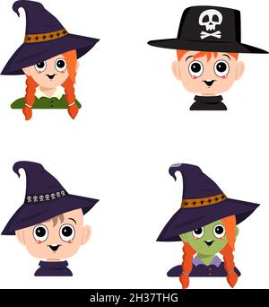 Set di ragazza, ragazzo e bambino con pelle bianca e verde, capelli rossi, occhi grandi e ampio sorriso felice in strega puntata cappello con ragno. Testa di bambino con volto gioioso. Decorazione di festa di Halloween Illustrazione Vettoriale