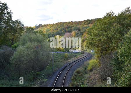 Curve ferroviarie nel Eifel Foto Stock