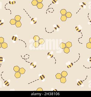 Motivi senza cuciture di api gialle e marroni che volano con nido d'ape con miele con sfondo giallo chiaro e uno stile minimal e contemporaneo Foto Stock
