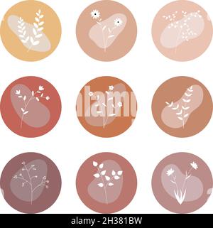 Set di icone vettoriali per social media o web. Set di piante e fiori marroni con un cerchio. I social media mettono in evidenza le icone della natura Illustrazione Vettoriale