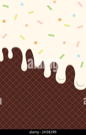 Primo piano di un gelato alla vaniglia fondente su un cono di cioccolato con spolverini di diversi colori come verde, rosa, beige, blu e giallo Illustrazione Vettoriale
