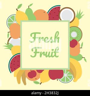 Set di vettori progettati con tutti i tipi di frutta con colori vivaci e colorati e con un quadrato sulla parte superiore per inserire il testo Illustrazione Vettoriale