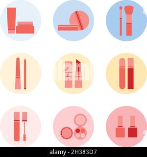 Creare un'icona impostata per i social media o i siti Web. Cerchi per il trucco con diversi prodotti in rosa, rosso, blu e giallo Illustrazione Vettoriale