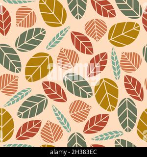 Modello vettoriale senza giunture con tutte le varie foglie tribali naturali, con foglie dai colori molto colorati e con sfondo beige Illustrazione Vettoriale
