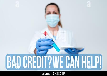 Segno di testo che mostra Bad Creditquestion possiamo aiutarti. Parola scritta su offerr aiuto per guadagnare la storia positiva dei pagamenti studiando la nuova tecnologia medica Foto Stock