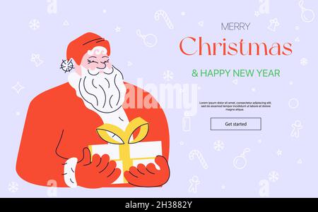 Annuncio del modello di pagina Web di destinazione, sito Web o messaggio di benvenuto sui social media. Personaggio Babbo Natale in possesso di una scatola regalo e saluto con buon Natale Illustrazione Vettoriale