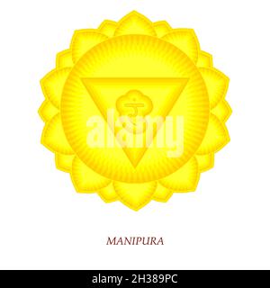 Il terzo chakra di Manipur. Solar Plexus Chakra con sanscrito indù. Il giallo è un simbolo piatto di meditazione, yoga. Foto Stock