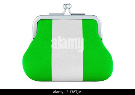 Portamonete con bandiera nigeriana. Budget, investimenti o finanza, concetto bancario in Nigeria. Rendering 3D isolato su sfondo bianco Foto Stock