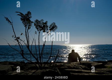 Uomo seduto su scogliere vicino al mare. Uomo seduto contro il mare all'alba o al tramonto. Concetto di spazio di Sopy. Foto Stock