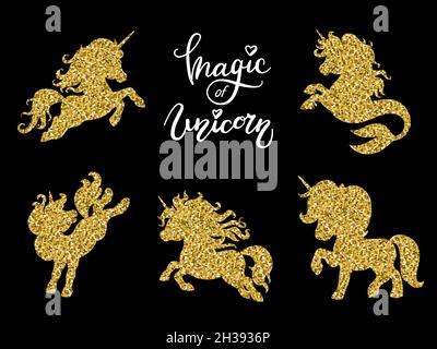 Set di simpatici unicorni cartoni animati in movimento. Modello di illustrazione vettoriale silhouette dorata isolato su sfondo nero. Per stampe, adesivi, design, piatti Illustrazione Vettoriale