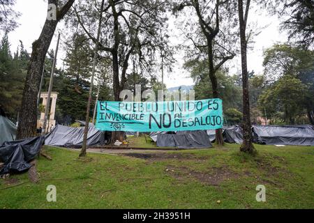 Bogota National Park, Colombia, 26 ottobre 2021. Più di 1200 popolazioni indigene hanno dovuto fuggire dalla loro terra a causa delle attività estrattive e della guerra della guerriglia. Foto Stock