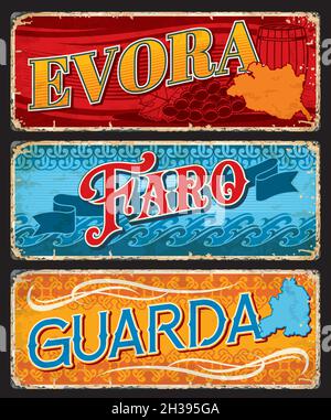 Evora, Faro e Guarda, lastre della provincia portoghese, segni vettoriali di viaggio in stagno. Portogallo città e province etichette bagagli con tagline di benvenuto o touri Illustrazione Vettoriale