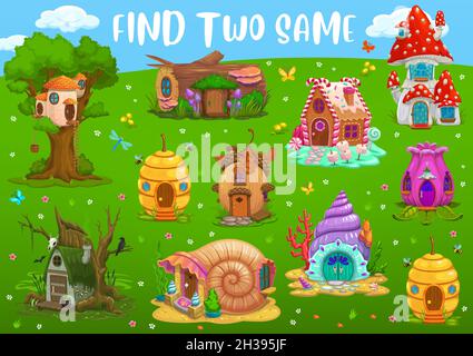 Trova due case di dimora fantasia stessa, bambini gioco labirinto, vettore piano portapaziente. Giochi di puzzle per bambini di trovare simili cartoni animati di nana o gnome elf in b Illustrazione Vettoriale