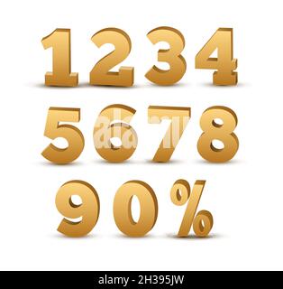 set di numeri dorati 3d. Carattere vettoriale 3d testo oro logo di lusso in metallo alfabeto Illustrazione Vettoriale