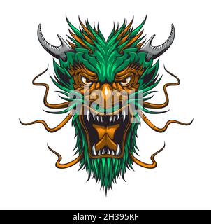 Mostro dragone asiatico, mitologia bestia cartoon testa mascotte. Arrabbiato ruggente o urlante creatura fiabesca, fantasy bestia con corna e pugni affilati. CH Illustrazione Vettoriale