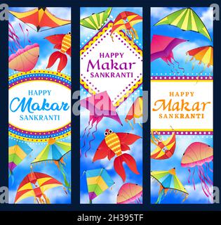 Indian Makar Sankranti Holiday vettore banner di religione indù kite festival. Kites cartoon volare in cielo nuvoloso blu, pesce, uccello e carta farfalla Illustrazione Vettoriale
