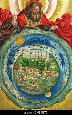 Un'illustrazione di dio che crea la Terra, da una bibbia luterana del 1534. Foto Stock