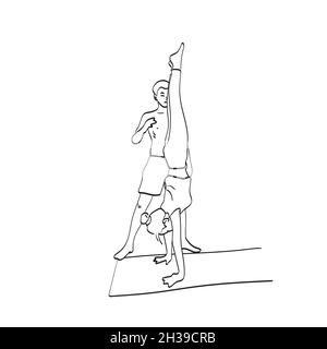 Insegnante di yoga o pilates istruttore aiutare la giovane donna a fare handstand illustrazione vettore isolato su bianco linea arte Illustrazione Vettoriale