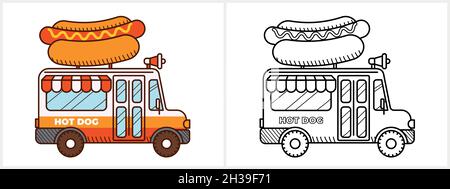 Pagina di colorazione furgone hot dog per bambini Illustrazione Vettoriale