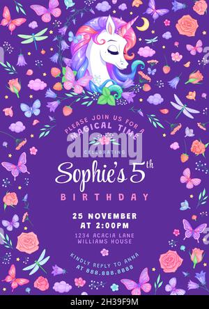 Festa di compleanno invito con unicorno, farfalle e fiori. Illustrazione vettoriale su sfondo viola. Illustrazione Vettoriale