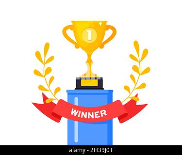 Primo posto vincere Golden Award coppa calice trofeo icona segno piatto design vettoriale illustrazione. Illustrazione Vettoriale