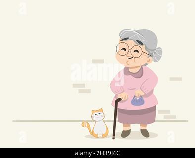 Felice nonna con il suo gatto. Nonna che indossa occhiali. Carino borsetta di tenuta e scena del gatto granny. Illustrazione vettoriale piatta isolata. Illustrazione Vettoriale