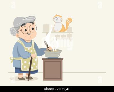 Granny cucinando felicemente il cibo mentre il gatto di kitty ha annegato sopra il suo cibo. Carino disegno del vettore piatto granny. Gatto carino e scena nonna. Vettore isolato piatto il Illustrazione Vettoriale