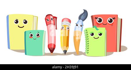 Cancelleria. Personaggi cartoni animati con volti. Pennello e matita circondati da libri e quaderni. Personaggi divertenti con sorrisi. Azienda di strumenti per Illustrazione Vettoriale