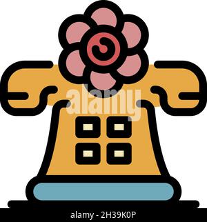 Telefono classico e icona a forma di fiore. Contorno classico telefono e fiore vettore icona colore piatto isolato Illustrazione Vettoriale