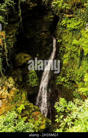 Le mistiche acque della cascata di St Nectan's Glen sul fiume Trevillet, Tintagel, Cornovaglia, Regno Unito Foto Stock