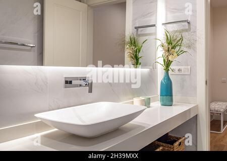 Design interno di un bagno di lusso e fiori in vaso blu. Foto Stock