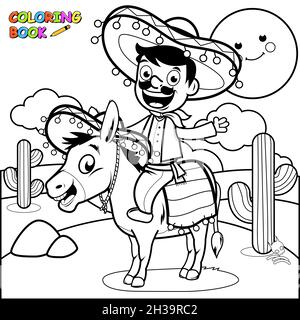 Un uomo messicano cartoni animati con un cappello da sombrero e un costume tradizionale che cavalca un asino nel deserto del Messico al tramonto. Pagina da colorare in bianco e nero. Foto Stock