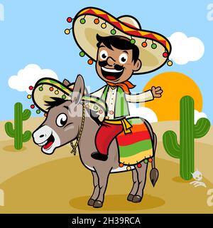Cartoni animati messicani con costume tradizionale e sombrero, cavalcando un asino nel deserto del Messico al tramonto. Festa di Cinco de Mayo. Foto Stock