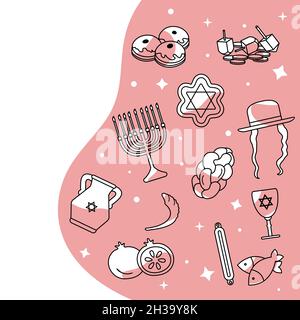 Illustrazione vettoriale Menorah dreidel Challah Mezuzah Pitcher Israele Giudaismo religioso Happy Holiday Chanukah Passover Sukkot Rosh Hashanah Yom kippur S Illustrazione Vettoriale