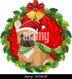 Cartone animato francese bulldog a Natale wreath illustrazione isolata Illustrazione Vettoriale