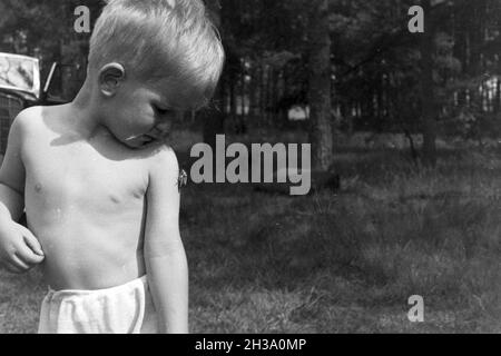 Kleiner Junge beobachtet einen Maikäfer, Deutschland 1930er Jahre. Little Boy guardando un maggio maggiolino, Germania 1930s. Foto Stock